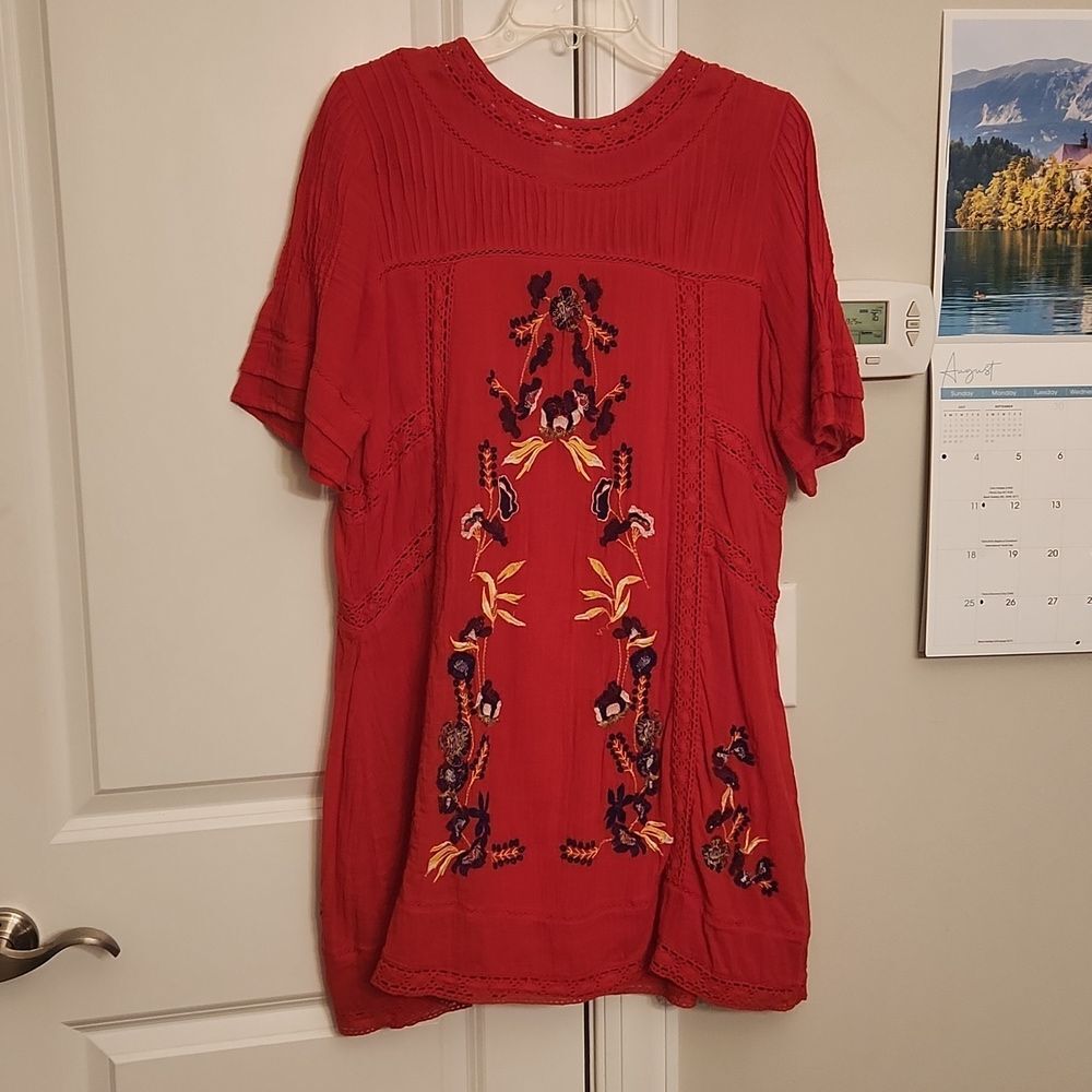 Free People "Perfectly Victorian" Red Mini Dress w/ Crochet Flowers Size S